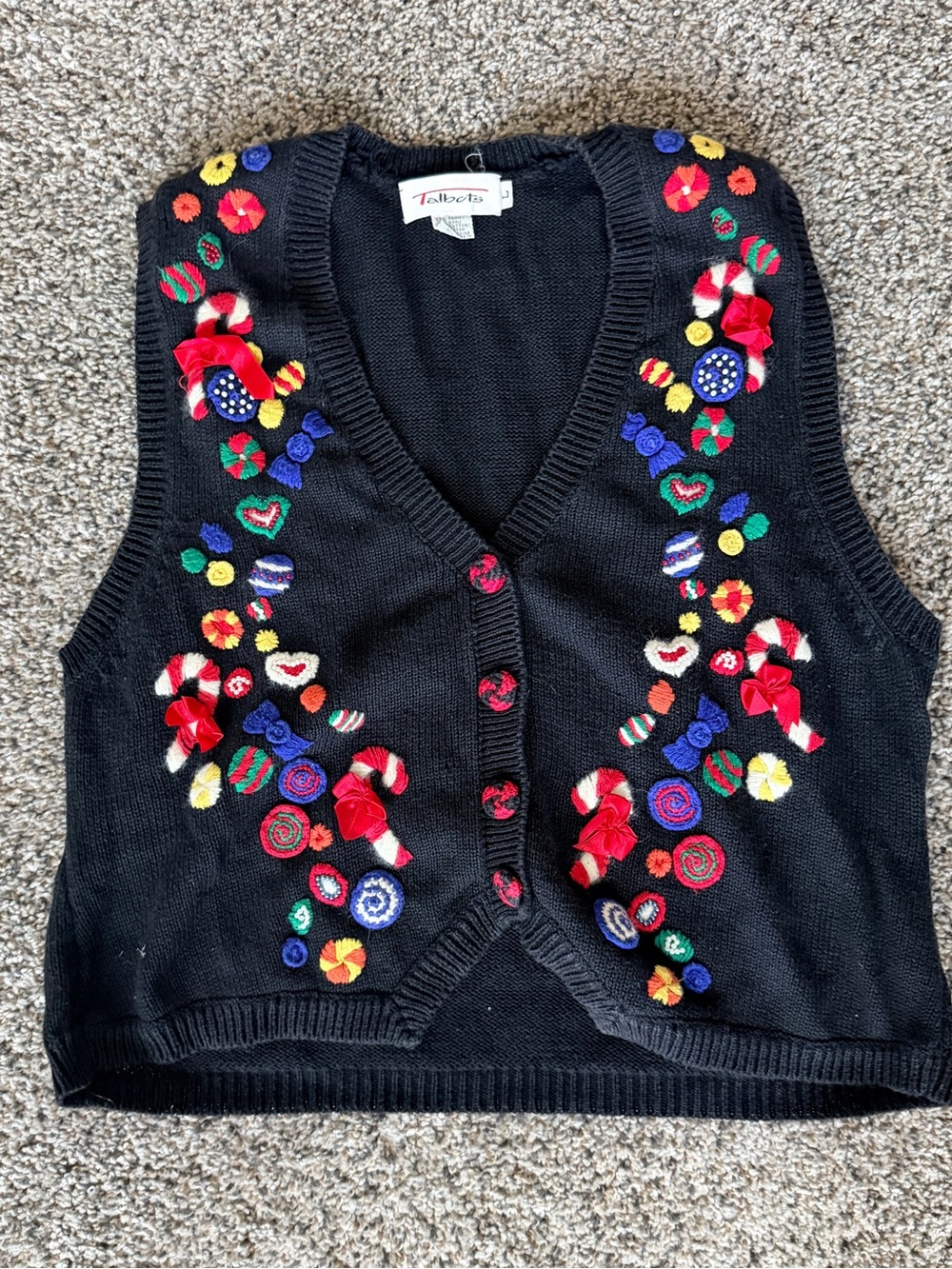 Talbots Black V-Neck Sweater Vest with Colorful Candy Embroidery